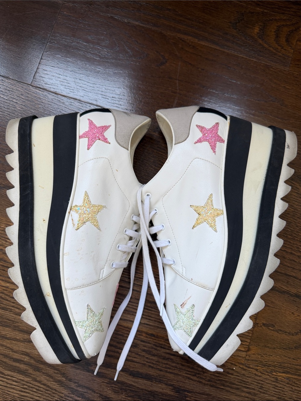 STELLA MCCARTNEY White Platform Sneakers Glitter Yellow Pink Green Stars Sz 38.5 - Picture 8 of 16